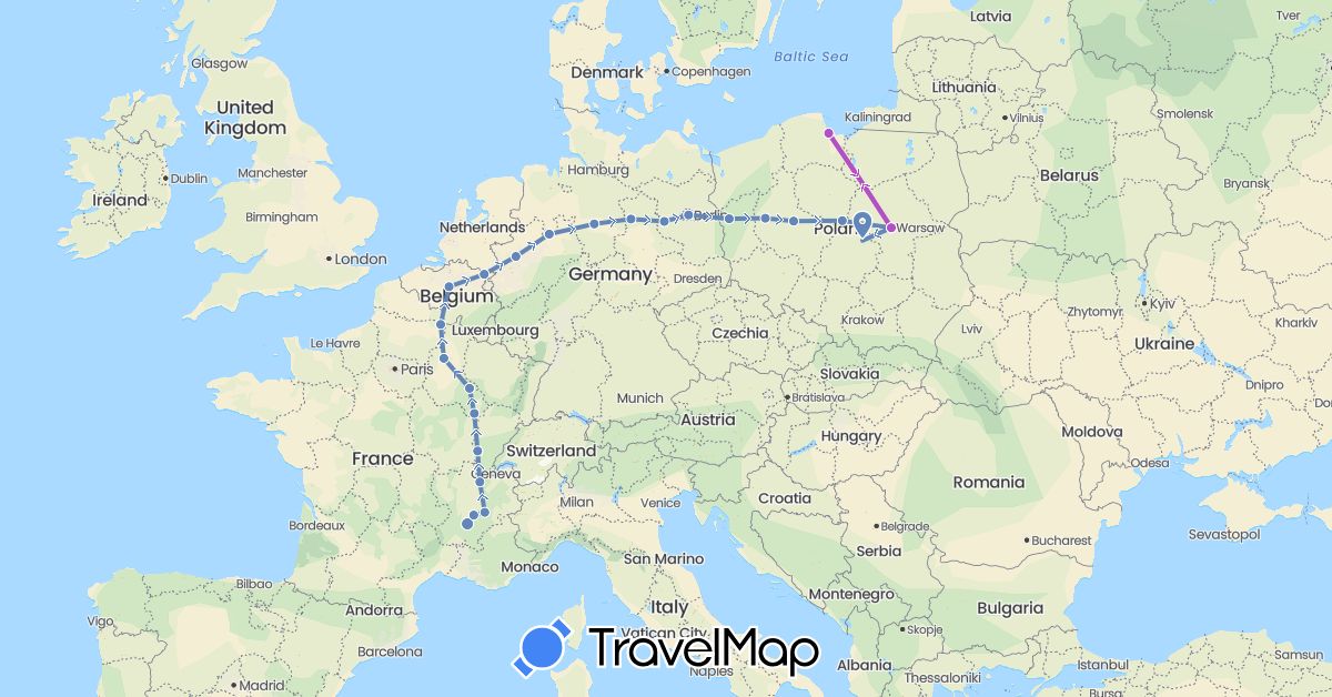 TravelMap itinerary: driving, cycling, train in Belgium, Germany, France, Poland (Europe)